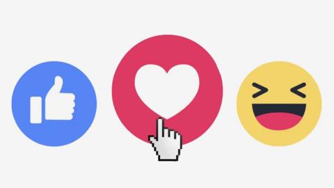 A cursor hovers over the 'heart' emoji on Facebook which indicates a user's reaction. On either side of it is a a thumbs-up and a laughing emoji. All three are different forms of 'likes'.