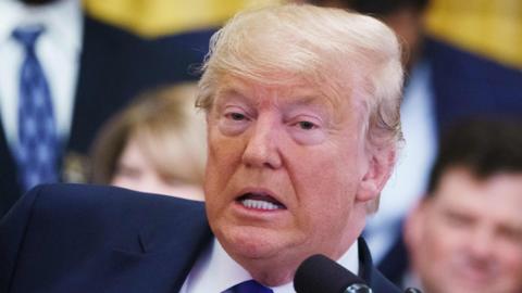 US President Donald Trump speaks during an event honouring the 2019 college football national champions, the Louisiana State University Tigers, in the East Room of the White House in Washington on 17 January, 2020.