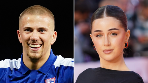 A composite image of Harry Clarke, who has a buzzcut and is wearing a blue Ipswich Town kit, with Georgia Steel, who is wearing a black dress at a red carpet event and has her hair slicked back.
