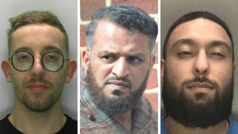 A composite image of three people. James Lea (left) is shown in a custody picture, wearing large round black framed glasses. Omar Hassanjee (centre) is shown walking outside, looking away from the camera. He has a dark beard and is wearing a distinctive tartan fleece. Mohammed Ishmail (right) is shown in a custody picture, and has short dark hair and a beard. 