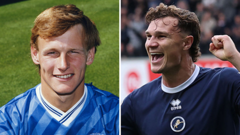 A split image. From left, Teddy Sheringham poses for a picture in a Millwall top, and right, current Millwall captain Jake Cooper celebrates after scoring a goal