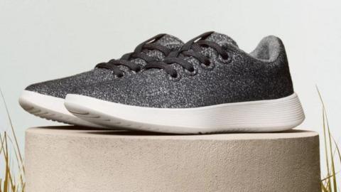 A grey Allbirds shoe placed on a display platform for a promotional image