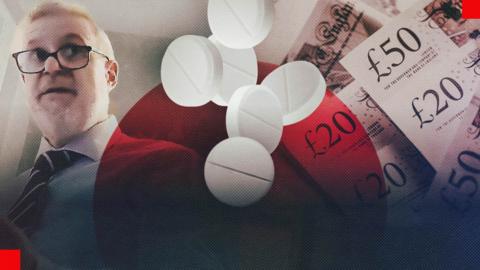 An image of a man wearing a shirt and tie with glasses looking off to the side, next to a handful of white circular tablets, next to a few British bank notes of £20 and £50.
