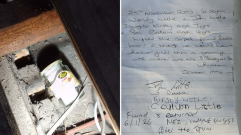 Two image side by side. The one on the left is of a glass jar underneath the floorboards. It has a label with some fruit on and a rolled up piece of paper is inside. On the right is the letter. It reads: "25th November, 2000, 6.00 pm
Wendy Little and John Little Daughter Kirsty age 7 yrs & son Callum age 4 yrs
Lifted the carpet, found loose board and thought we would leave whoever finds this a message." Below the original message, the note Nesbitt reads: "Found and returned 6/1/26 NE2" followed by some names which are hard to make out.