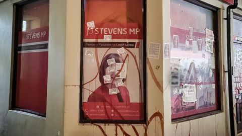 Jo Stevens constituency office on Albany Road covered in red paint and banners