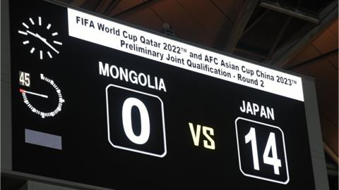 The scoreboard after Japan beat Mongolia 14-0 in a World Cup qualifier