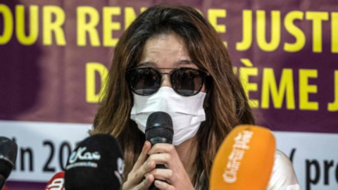 A woman at a press conference in Tangier making allegations of sexual harrassment against French tycoon Jacques Bouthier - Friday 17 June 2022