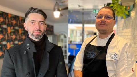 Florin and Viorel look at the camera in seperate photos. Florin is wearing a smart, long black coat with a black turtle neck jumper underneath. He has short, grey hair and a beard. Viorel is in chef whites with a blue bib and is wearing glasses.