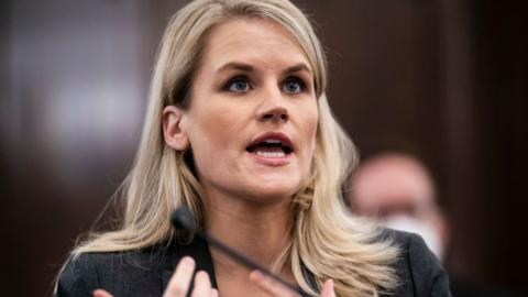 Frances Haugen addressing a Senate hearing on internet safety, 5 October 2021