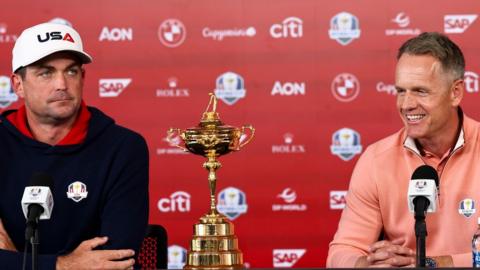 US Ryder Cup captain Keegan Bradley and Europe skipper Luke Donald with the Ryder Cup