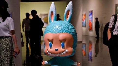 A human-sized Labubu figurine is displayed before an auction in Beijing, China June 6, 2025. The figurine was later sold for 1.08 million yuan at an auction by Yongle International Auction.