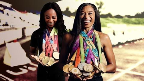 Allyson Felix and Shelly-Ann Fraser-Pryce with their Olympic medals