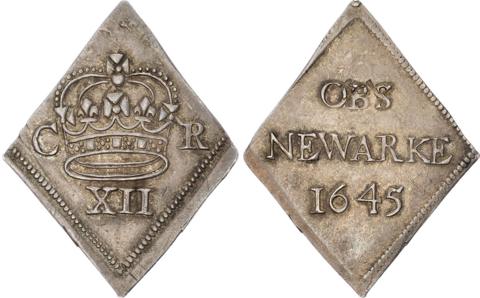 Diamond-shaped piece of metal, showing both sides, one with a crown and CR XII stamped on it, the other with OBS Newark 1645