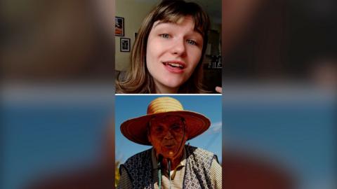 Split screen image showing a young woman with a fringe cut and an elderly person wearing a hat