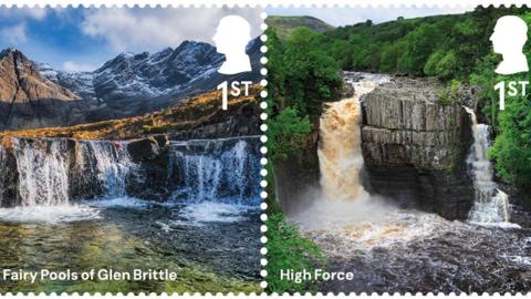 Two of the new waterfall stamp designs. One showing Fairy Pools of Glen Brittle. The other, High Force.