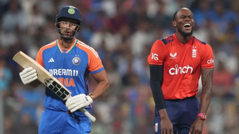 India batter Shivam Dube and England bowler Jofra Archer in 2025