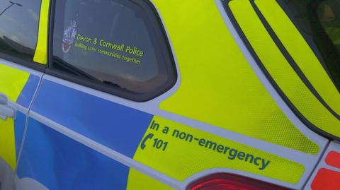 Devon and Cornwall Police car. A Devon and Cornwall Police logo is on display on the window.