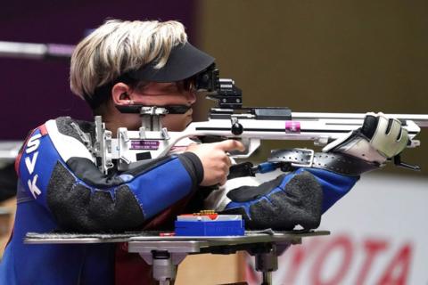 Slovakian shooter Veronika Vadovicova in action at the Tokyo Paralympics