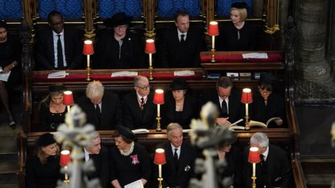 The UK's seven surviving prime ministers pictured in the pews at Westminster Abbey for the Queen's funeral