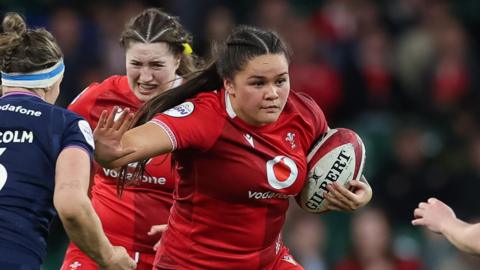 Wales lock Jorja Aiono in action against Scotland 
