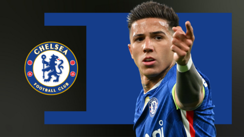 A graphic of Enzo Fernandez pointing, in front of a blue and black background and the Chelsea club badge