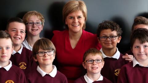 First Minister Nicola Sturgeon meets pupils taking part in active maths and active literacy lessons at Craigentinny Primary School in Edinburgh