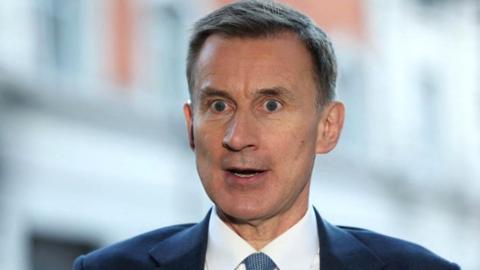 British Chancellor of the Exchequer Jeremy Hunt speaks to the media outside the 鶹Լ Broadcasting House in London, Britain, November 19, 2023.