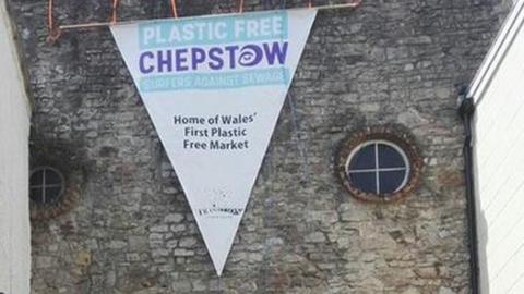 A plastic banner which reads 'plastic-free Chepstow'