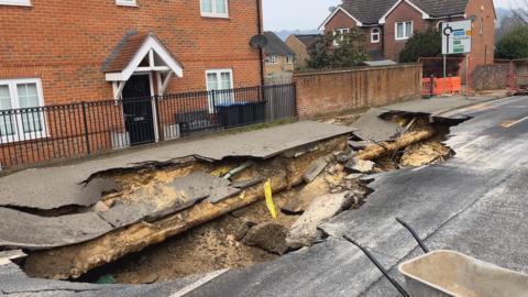 A sinkhole in a road in Godstone