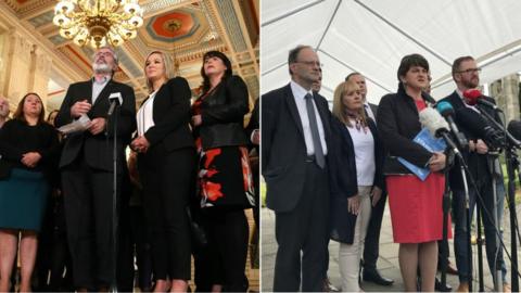 Sinn Fein delegation are pictured giving a press conference inside Stormont and a DUP delegation outside the building.