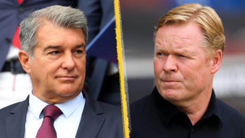 A split picture featuring Joan Laporta and Ronald Koeman