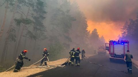 A handout photo from the State Emergency Services of Ukraine showing firefighters tackling blazes in eastern Ukraine, July 2020