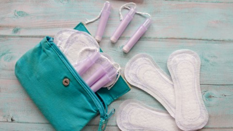 Tampon and period pads in a bag