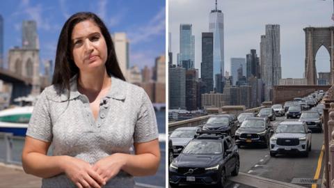 Split screen of a woman standing outside and a road in New York City full of cars.