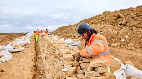 A group of men wearing orange high vis jackets and hard hats are pictured in the distance constructing a dry stone wall from honey-coloured stone. One man is in the foreground, placing stones on top of the wall. There is a giant heap of the stones behind them. 