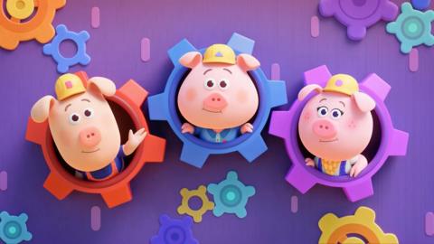 Three Piggy Builders, each peeping through a colourful cog on a purple background.