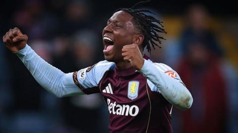 Jamaldeen Jimoh-Aloba celebrates his first senior goal for Aston Villa in the Europa League tie against RB Salzburg