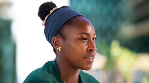 Coco Gauff of the United States talks to the media at the Dubai Tennis Championships on 15 February 2026