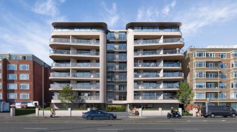 A computer-generated image of a modern block of flats. 
