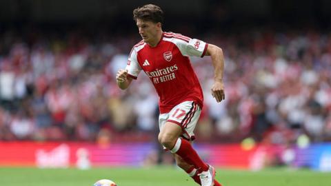 Christos Tzolis of Arsenal during the 2026 FA Community Shield match between Arsenal and Manchester City at Principality Stadium on August 16