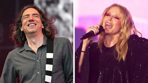 A composite image of Gary Liightbody, left, playing a guitar. He has long brown curly hair and is wearing a green shirt and has a stripey guitar strap over his shoulder. Kylie Minogue, right, is singing into a microphone. She has blond wavy hair and is wearing a black sequin top.