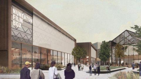 A CGI image of the regeneration project in Nuneaton, including a large film box building which is brown with glass frontage