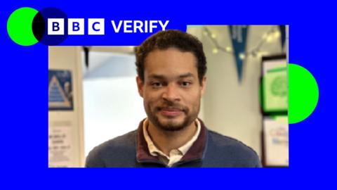 A composite image showing the BBC Verify logo next to a photo of Cole Tomas Allen.