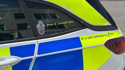 A picture of the side of a Devon and Cornwall police car. It is green and blue and has the force logo on the side of it. 