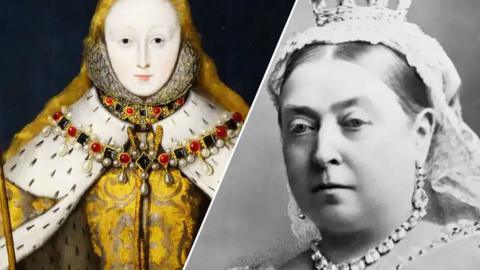 A split image of Elizabeth I and Queen Victoria.