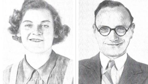 Black and white images of Peggy and Len Tasker sit side by side. She has short hair and is wearing a blouse with a pin at the neck. He has thick round spectacles, a suit jacket, white shirt and striped tie. 