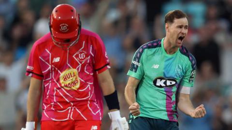 Jason Behrendorff of Oval Invincibles celebrates after taking the wicket of Stephen Eskinazi of Welsh Fire 