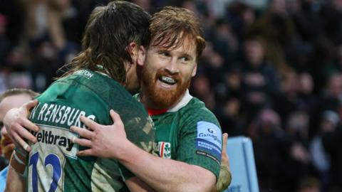 Try celebrations for Benhard van Rensburg of London Irish against Bristol