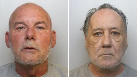 Mugshots of killers Mark Sothcott and Martin Carty, They are both wearing police-issued, grey jumpers. They both have short, grey stubble and are straight-faced.