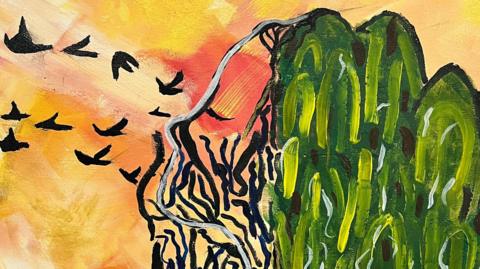 Section of an artwork which is brightly coloured in yellow, orange, green and black, and features a woman's face looking upwards in profile with birds flying to or from her face.